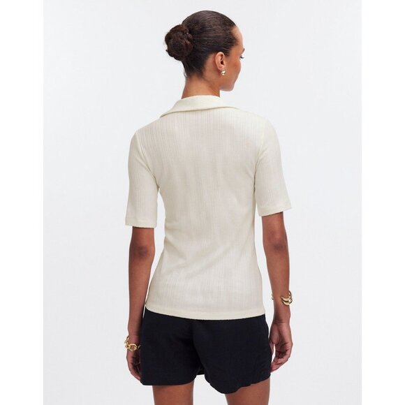 Madewell Cutaway Hem Polo Top Women XXS  Creme Fraiche Ivory SS Ribbed Button-Up - Picture 10 of 16